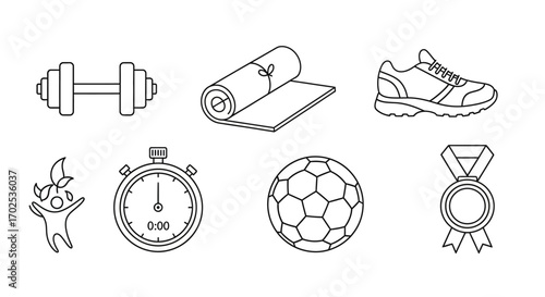 Collection of fitness and sports equipment, including weights, mat, shoes, and a medal.