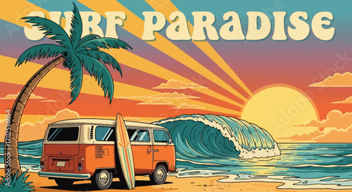Retro surf paradise illustration with van, palm tree, wave, and sunset.