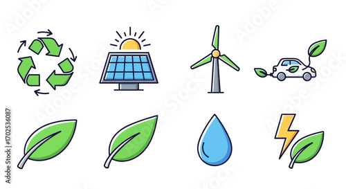 A collection of colorful icons representing renewable energy, sustainability, and environmental conservation concepts.