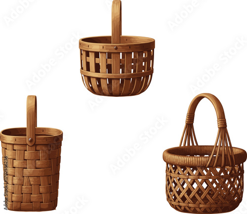 Three traditional woven baskets with unique handle designs and weaving patterns, rustic home decor elements, handwoven craftsmanship, CAD drawing flat vector illustration
