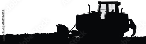Bulldozer silhouette, construction machinery, heavy equipment, soil digging, industrial vehicle, earth mover, dirt loader, excavator, black silhouette, vector illustration