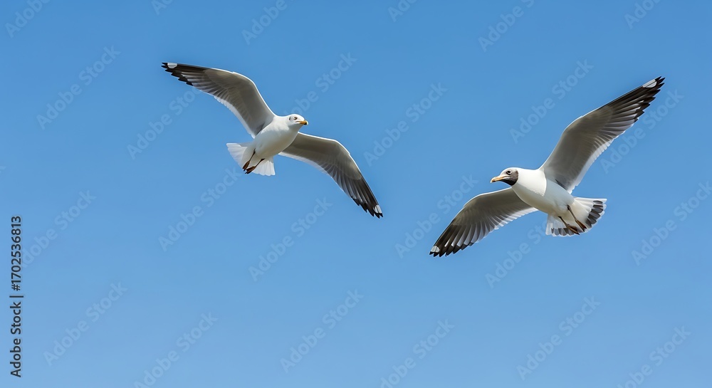 Fototapeta premium Two graceful seagulls soaring together in a clear blue sky.