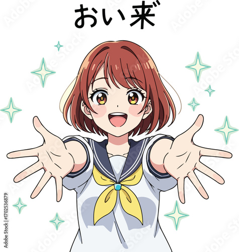 Anime girl with open arms and sparkling stars on white background young female