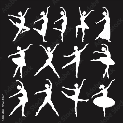 Silhouette of ballet dancers in various poses, graceful ballet movement, classical dance art, tutu and leotard, 