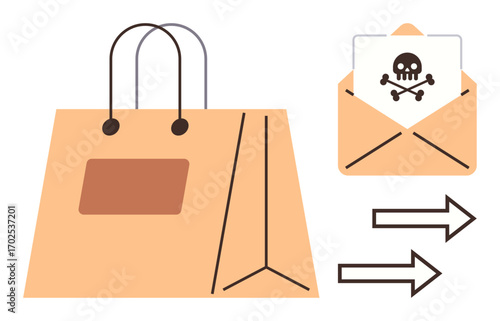 Shopping bag near open envelope marked with skull and arrows symbolizing fraudulent activity and online threats. Ideal for cybersecurity, phishing awareness, fraud detection, e-commerce safety