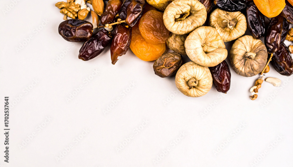 Obraz premium Mixed Dried Fruits Flatlay with Empty Copy Space. Bishvat jewish festival. Generated Image