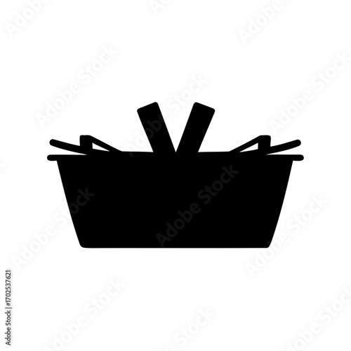 Solid Black Silhouette of a Basket with Handles on a White Background