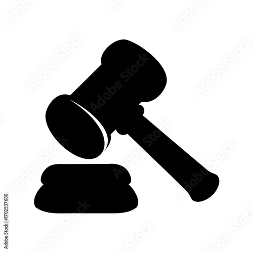 Stylized black and white drawing of a gavel striking a sound block