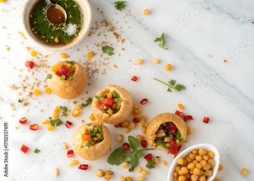 Artistic top view broken fuchka pani puri natural surface