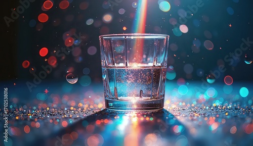 Sparkling clear water in glass catches vibrant rainbow light amidst bokeh magic