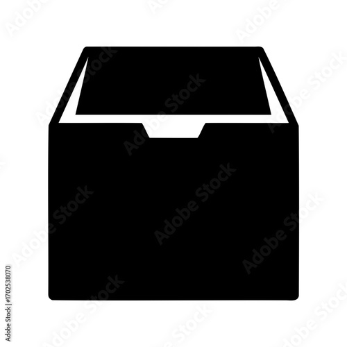 Open rectangular storage box with top flap for easy access, simple icon