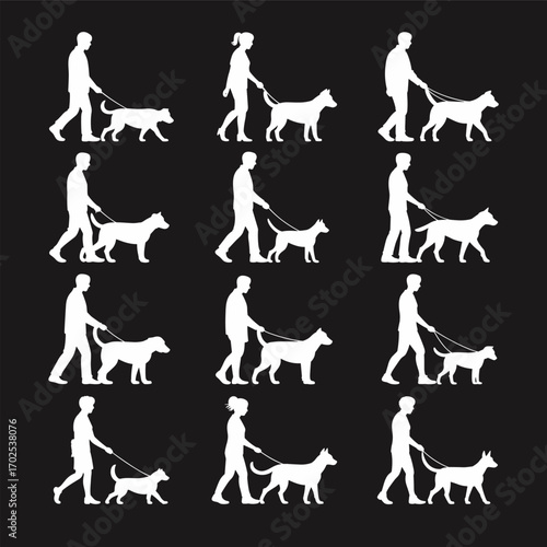 Silhouette people walking dogs, pet owners with different breeds, outdoor walking, leash walking, pet care, dog walking activity, animal