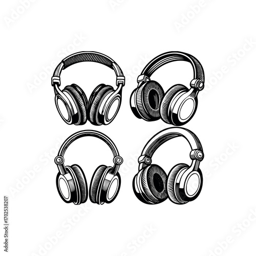 Monochrome Collage of Four Different Hand Drawn Style Headphones on White Background