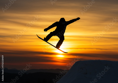 Wallpaper Mural Dynamic snowboarder silhouetted mid-air against a vibrant sunset, capturing extreme winter sports thrill Torontodigital.ca