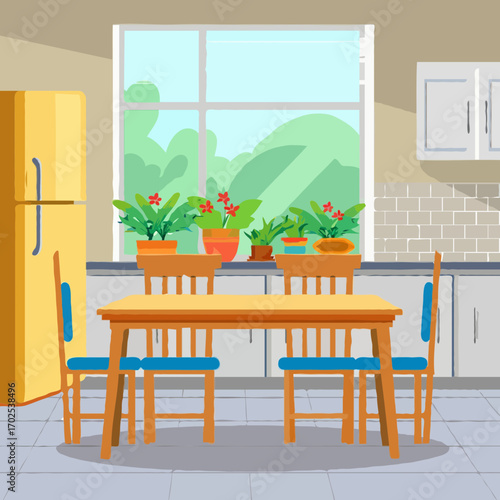 Cozy kitchen scene with dining table and chairs illustration vector scalable art