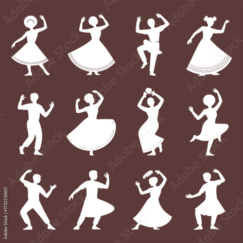 Traditional dance silhouettes, cultural dance poses, folk dancers, ethnic costumes, expressive movement, celebration, heritage, performance art, dancing figures, elegant gestures, joyful dancers, cult