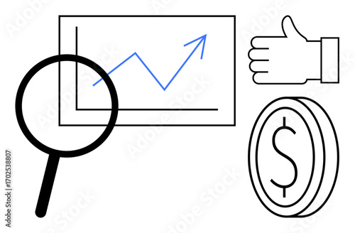 Magnifying glass over a growth chart, thumbs-up, and dollar coin symbolizing analysis, progress, financial success. Ideal for business strategy, analytics, economy, investment financial review