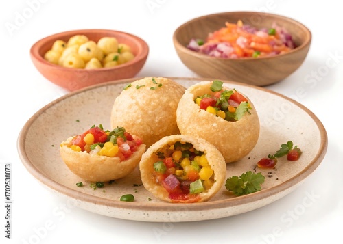 Ceramic plate broken fuchka pani puri showing filling
