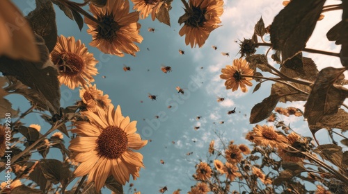 Wallpaper Mural Sunflowers and flying bees under summer sky
 Torontodigital.ca