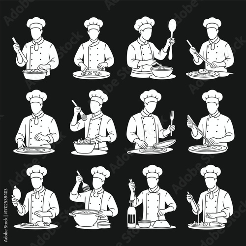 Silhouette of chefs cooking and preparing dishes, culinary skills, kitchen activities, professional chef hat, 