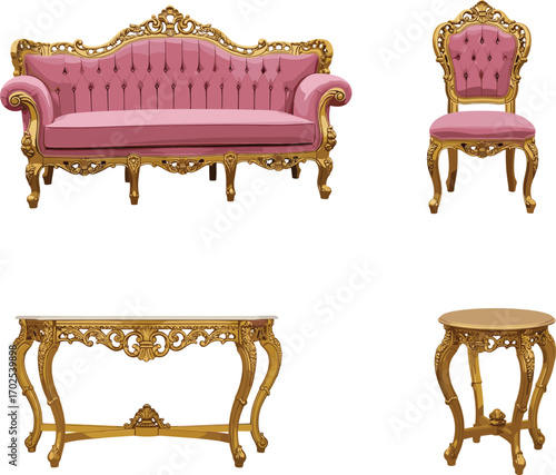 Luxurious antique furniture set with pink upholstery and gold carved frames, Baroque Rococo style sofa, chair, tables, CAD drawing flat vector illustration