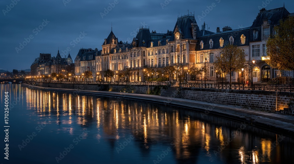 Naklejka premium Picturesque Cityscape Reflecting on Serene River at Twilight with Illuminated Architecture