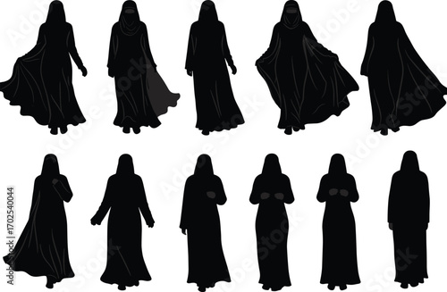 Muslim women silhouette collection in traditional dress, abaya and hijab fashion, Islamic culture, modest clothing, religious female outfit design