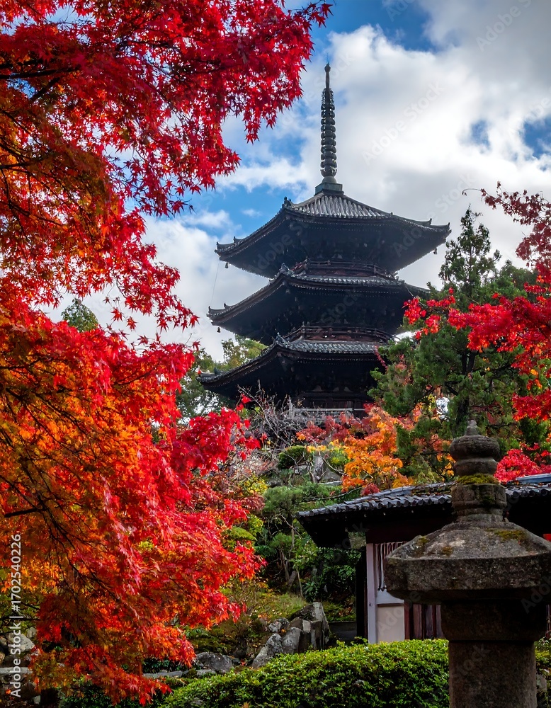 Obraz premium Autumnal pagoda nestled in vibrant foliage