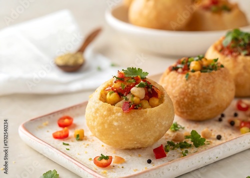 Close up spicy filled fuchka pani puri soft beige