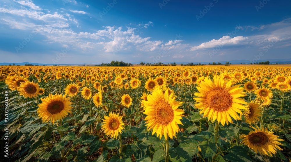Obraz premium Vast sunflower field under dramatic summer sky 