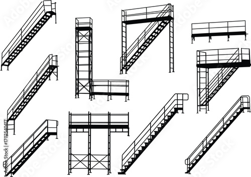 Full black silhouette of construction stairs, scaffolding, metal steps, and platforms, perfect for architectural, industrial designs, engineering illustrations, safety