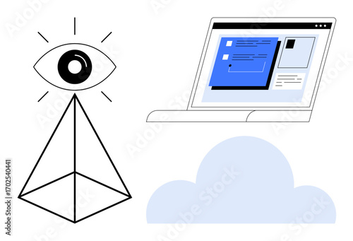 Eye above pyramid beside laptop screen and cloud. Ideal for innovation, technology, data security, remote work, online collaboration, memory, insight. Simple flat metaphor