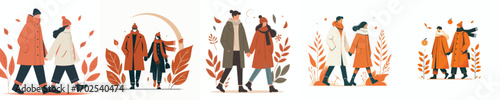 vector of a couple walking together in autumn