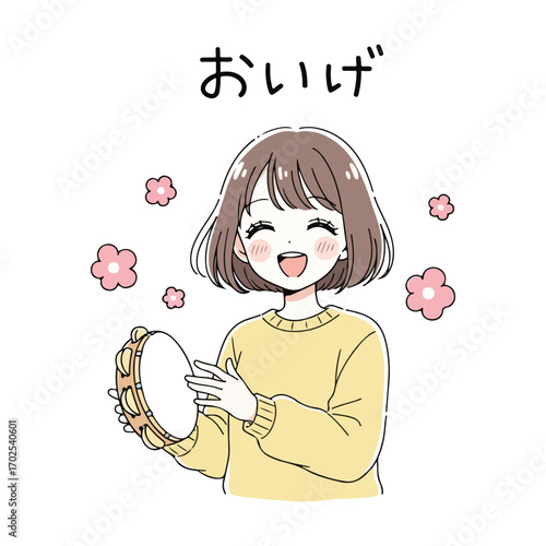 Girl Playing Tambourine With Flowers And Japanese Text music instrument