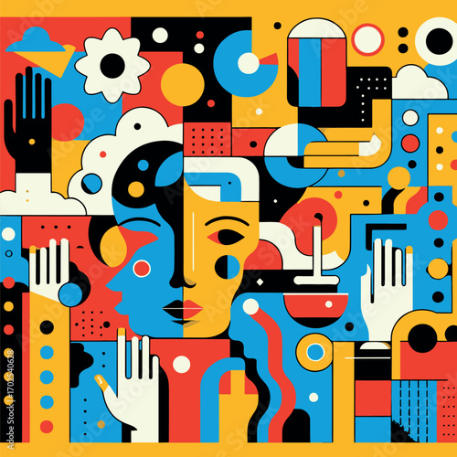 DadaPop maximalist flat illustration with surreal figures and geometric shapes