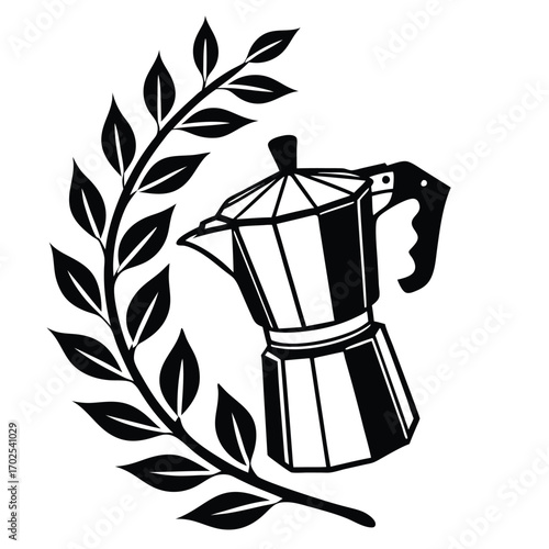 Black and white illustration of a moka pot coffee maker with a branch of leaves vector