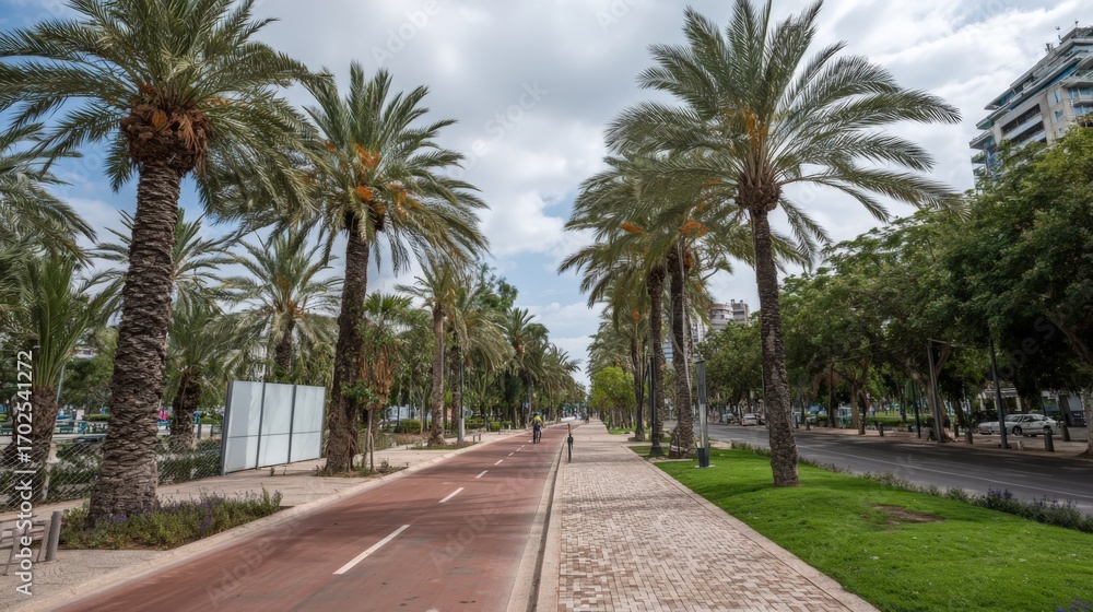 Fototapeta premium Scenic Promenade with Palm Trees in a Mediterranean City on a Beautiful Day