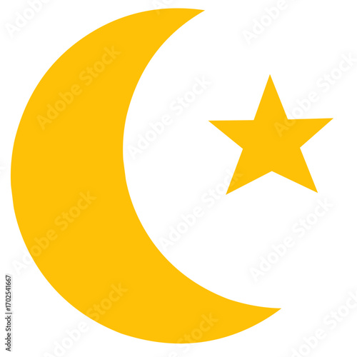 Yellow crescent moon and star icon 