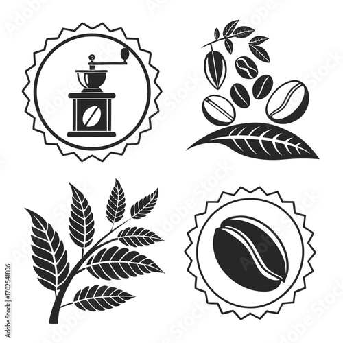 Collage of coffee-related icons including coffee grinders, beans, and leaves within circular frames