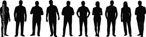 Silhouette of Diverse Standing People in Lineup Isolated on White Background for Business, Teamwork, Social or Demographic Concept