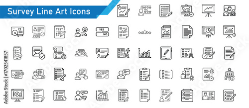Survey Line Art Icons Set - 50 Feedback, Questionnaire, Poll, Research, and Data Collection Vector Symbol