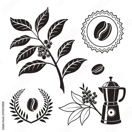 Collection of Coffee- Themed Illustrations Including Coffee Plant, Moka Pot, and Coffee Beans