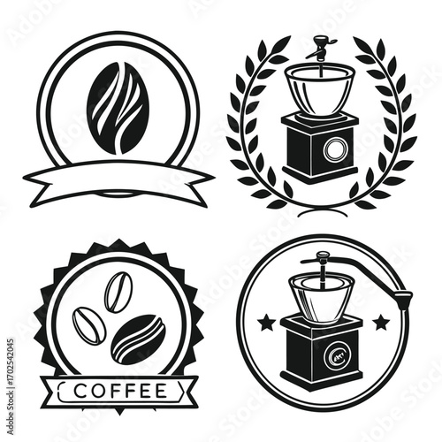 Collection of Four Coffee Themed Emblems Featuring Coffee Beans and Grinders Keywords: coffee, beans, grinder, emblem, logo, illustration, black and white, vintage, retro, cafe, coffee shop, drink