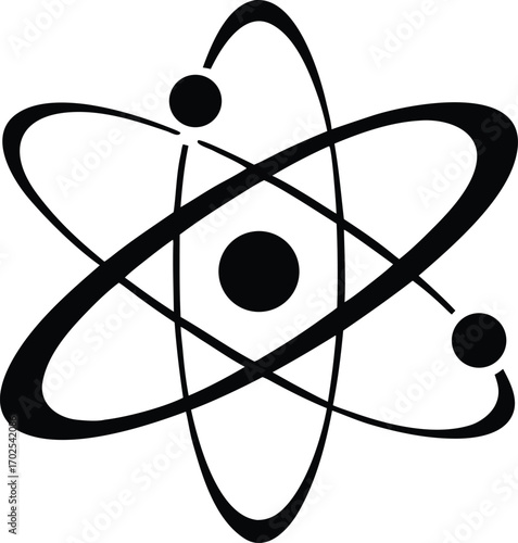 Black atom model displays orbiting electrons on a transparent background