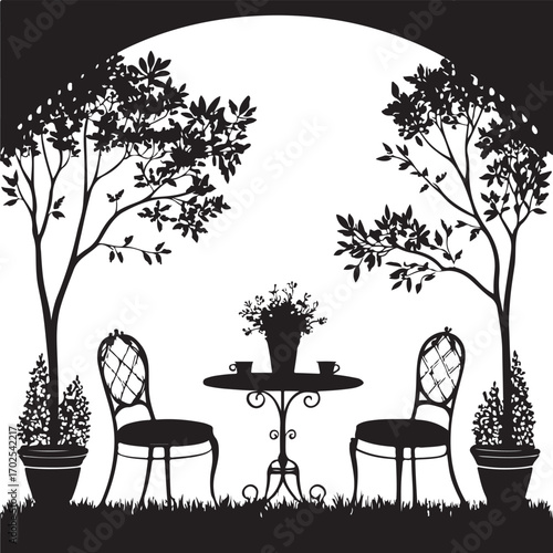 Silhouette of a romantic outdoor cafe setting with chairs table and trees Keywords: cafe, outdoor, silhouette, romantic, table, chairs, trees, garden, bistro, setting, seating, patio, terrace