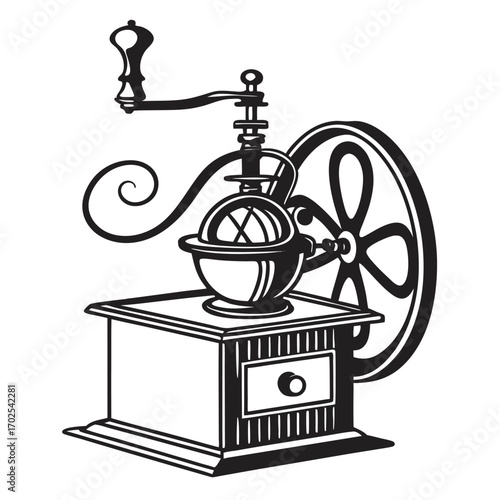 Detailed Vintage Hand- Crank Coffee Grinder with Large Wheel antique retro
