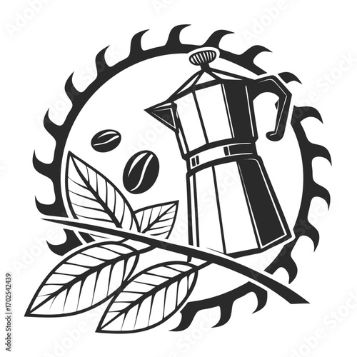 Moka Pot Coffee Maker with Coffee Beans, Leaves and Saw Blade Emblem coffee leaves