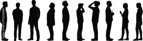 Silhouette vector illustration of standing people in different poses, business communication, casual lifestyle, teamwork, waiting, discussion, observation, and interaction.