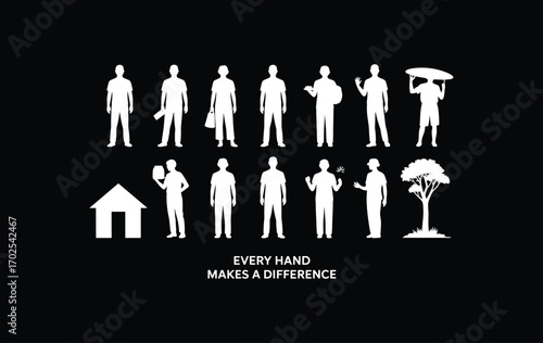 Silhouette of diverse people standing, holding objects, tree, house icon, inspirational message every hand makes a difference, unity, community, teamwork, support, help, care, togetherness