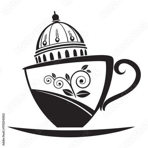 Stylized coffee cup with a dome-shaped lid and ornate floral design on white background teacup